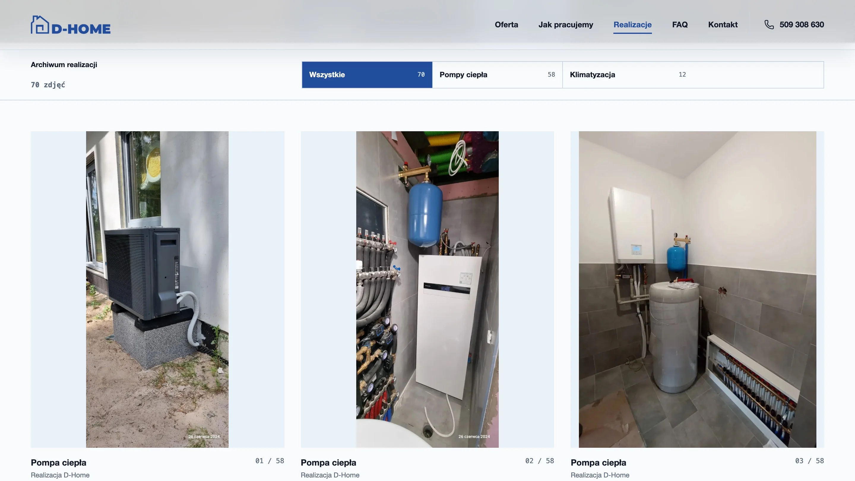 D-Home installation gallery with category filters and photos of heat pump installations