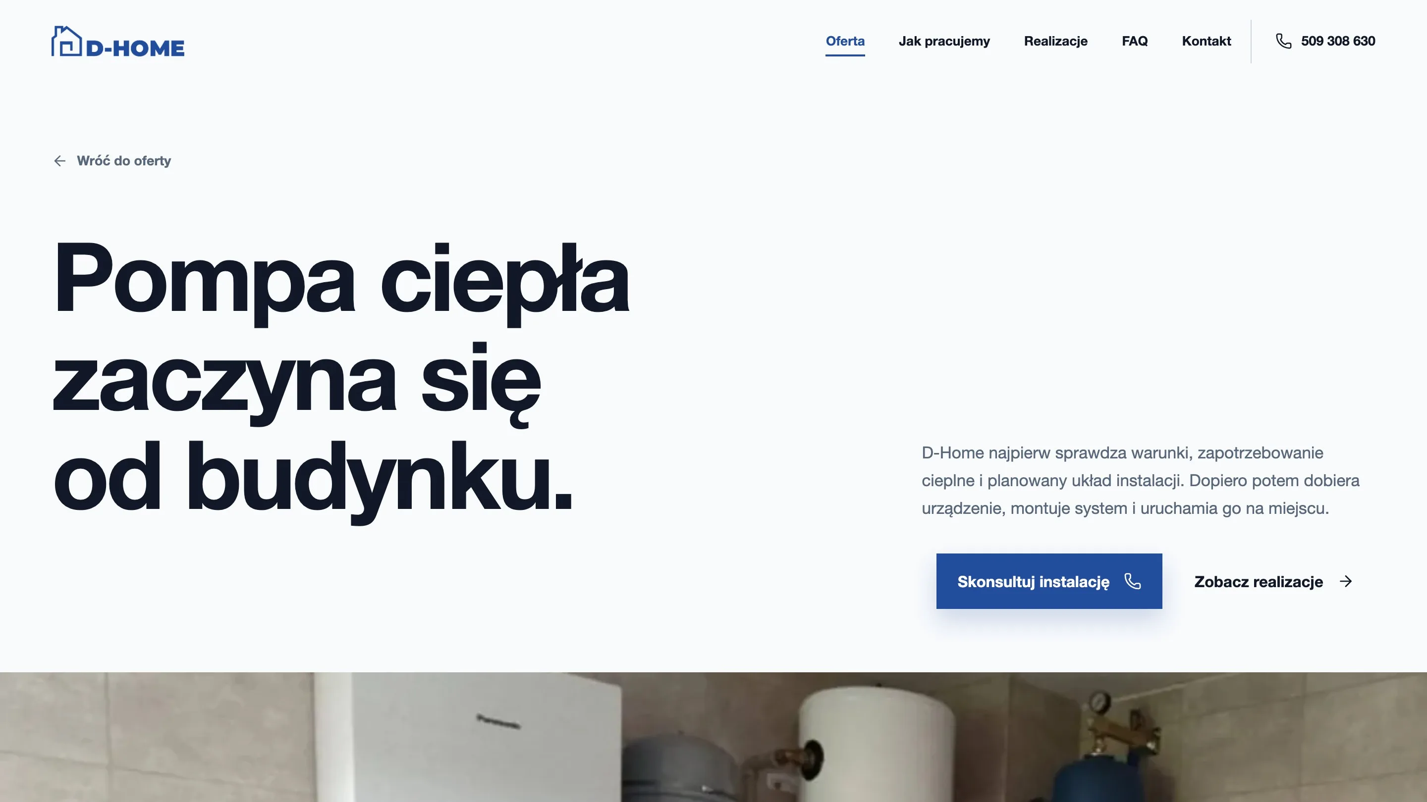D-Home heat pump page, which explains that selection starts with the building